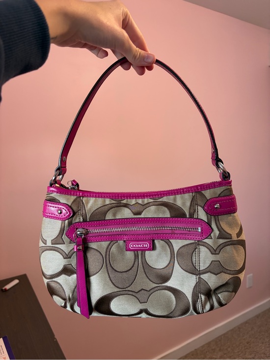 Coach Handbags - Coach Beige Signature Canvas Shoulder Bag with Pink Trim